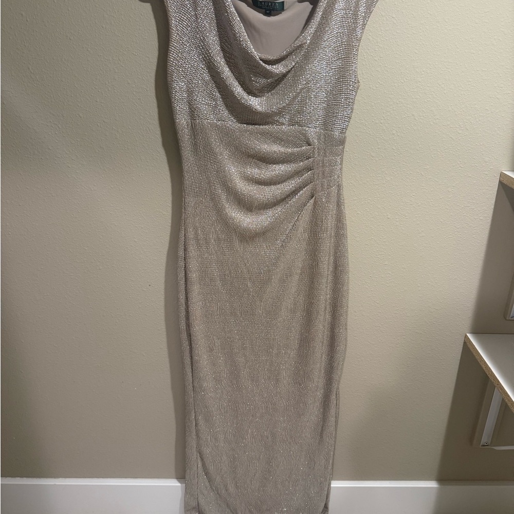 Lauren Ralph Lauren Taupe/Silver Sheath Evening Dress with Cowl Neck